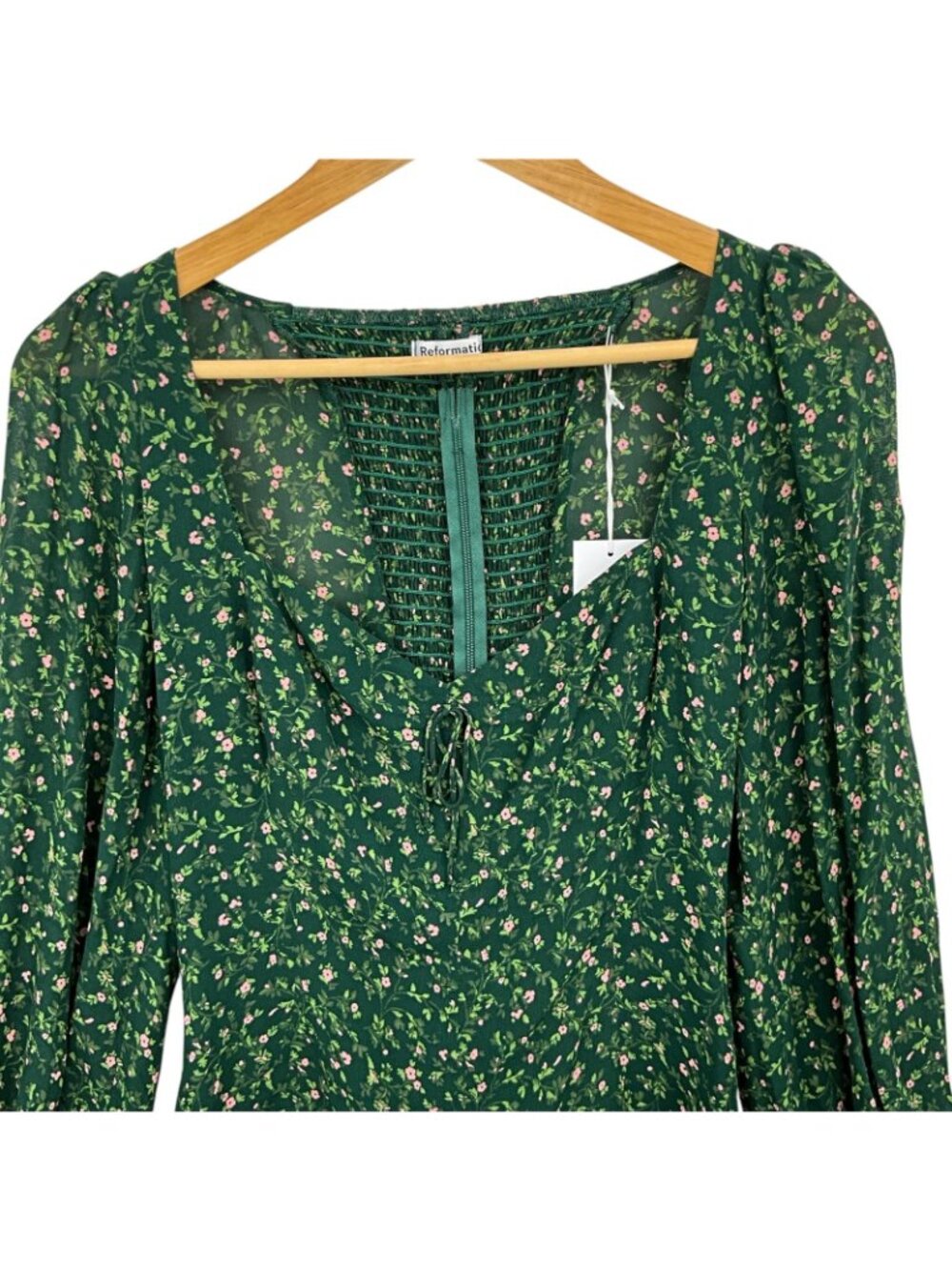 NWT Reformation Chase Top Womens 10 Green Floral Sweetheart Puff Sleeve Blouse - Picture 2 of 15